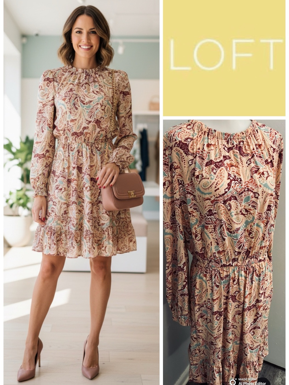 NWOT LOFT Smocked Paisley Shift Dress L